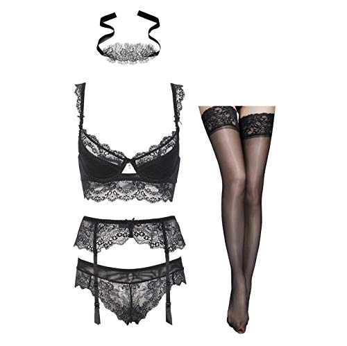 Product Cover Women Push Up Lace Bras Set Lace Lingerie Bra and Panties and Socks and eyeshade 5 Piece