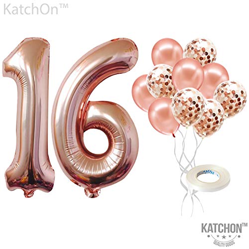 Product Cover KatchOn Rose Gold Number 16 Balloons - foil Mylar Rose Gold Balloons Party Decorations Rose Gold Party Supplies for Engagement Birthday Baby Shower Wedding 32 Foot Balloons String