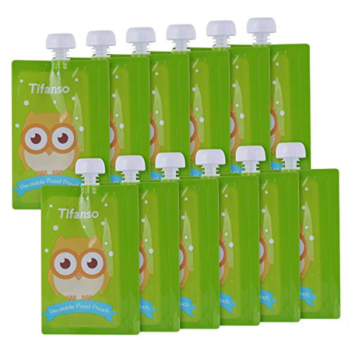 Product Cover 12 Pack 7 oz Owl Reusable Baby Food Squeeze Storage Pouches for Homemade Organic Baby, Toddlers Food - Easy to Fill & Clean Friendly with Leak Proof Double Zipper Refillable Pouch Plus a Flower Funnel