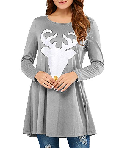 Product Cover kenoce Women's Christmas Long Sleeve Tunic Tops Dress Reindeer Sequin Print Shirts Blouse Grey 2XL