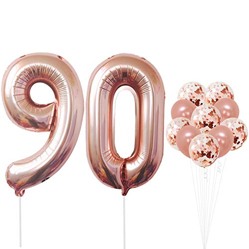 Product Cover Rose Gold 90 Number Balloons - Large, 9 and 0 Mylar Rose Gold Balloons, 40 Inch | Extra Pack of 10 Latex Baloons, 12 Inch | Great 90th Birthday Party Decorations| 90 Year Old Rose Gold Party Supplies