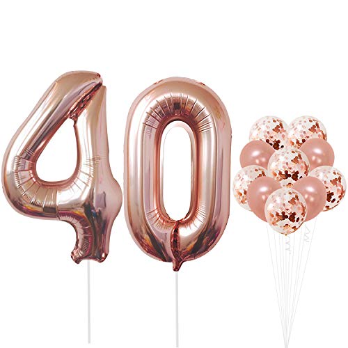 Product Cover Rose Gold 40 Number Balloons - Large, 4 and 0 Mylar Rose Gold Balloons, 40 Inch | Extra Pack of 10 Latex Baloons, 12 Inch | Great 40th Birthday Party Decorations| 40 Year Old Rose Gold Party Supplies