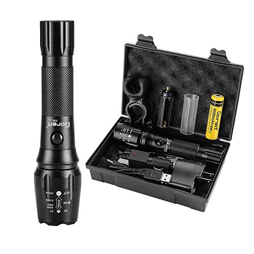 Product Cover Goreit Rechargeable Tactical Flashlight,Super Brigh LED Flash light with 18650 Battery & Charger ,High Lumen,Zoomable, Waterproof, 5 Light Modes Portable Torch for Emergency Camping and Hiking