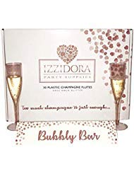 Product Cover 30 Premium Plastic Champagne Flutes 5.5 oz Clear Plastic with Sparkling Rose Gold Glitter - Wedding Party Toasting Glasses +Quality Classicware Cups Soda Mimosas Wine Cocktail Parties (30, Rose Gold)
