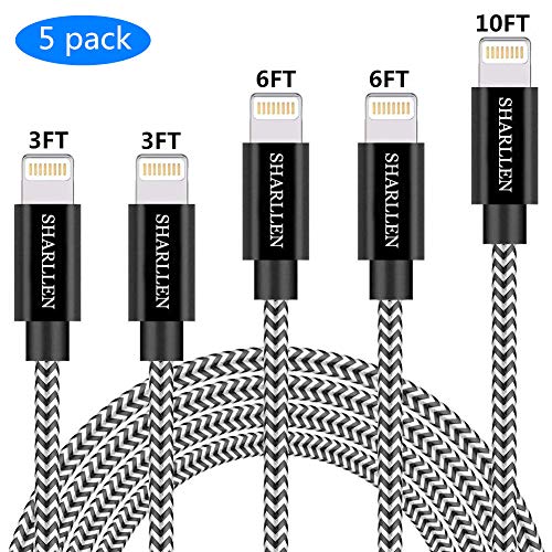 Product Cover iPhone Cable SHARLLEN 3FT/3FT/6FT/6FT/10FT Nylon Braided USB Charging&Syncing Cord Cell-Phone Charging Cable Compatible iPhone Charger XS/Max/XR/X/8 Plus/8/7/7Plus/6s P/6/6P/iPad White Black (5Pack)