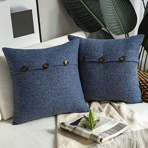 Product Cover Phantoscope Farmhouse Throw Pillow Covers Triple Button Vintage Linen Decorative Pillow Cases for Couch Bed and Chair Navy Blue, 18 x 18 inches 45 x 45 cm, Pack of 2