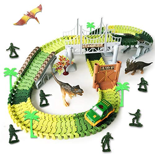 Product Cover Flyboo Dinosaur Race Track Toys,Jurassic Dinosaur World Create Road with 144 Flexible Tracks Playset Toy Slot Car Hanging Bridge Dinosaurs Soldier Toys ect. Perfect Toy Gifts for 3+Year Boys (Track-14