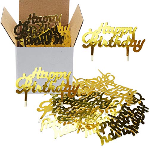 Product Cover Gold Mini Plastic Happy Birthday Cupcake Cake Toppers Picks For Party Dessert Table Decorations Supplies, 50 Counts by Shxstore