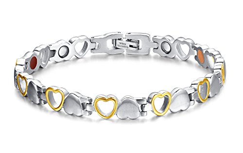 Product Cover Jaline Fashion Women Titanium Magnetic Therapy Loving Heart Bracelet Tone with Free Links Removal Tool，Health Function Element of Magnet.Gold Silver Black