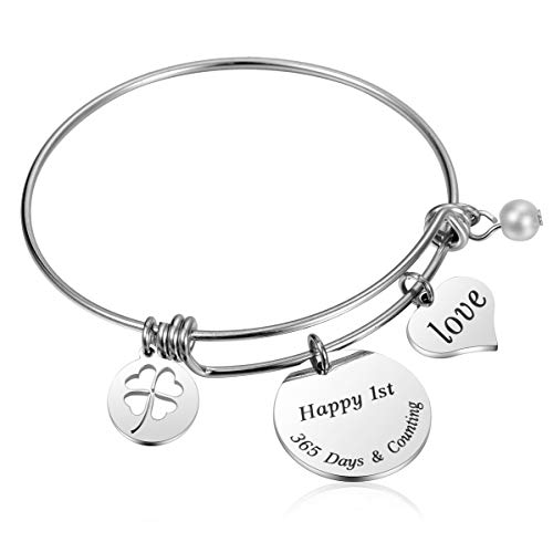 Product Cover JanToDec Jewelry Happy 1st Year Wedding for Her Adjustable Bangle Bracelet for Wife or Girlfriend, Happy 1st, 365 Days & Counting
