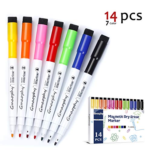Product Cover Magnetic Dry Erase Markers - 14 Pcs 7 Color Whiteboard Markers with Eraser Cap, Low Odor Dry Erase Markers for Glass/Whiteboard/Porcelain/Plastic/School/Office