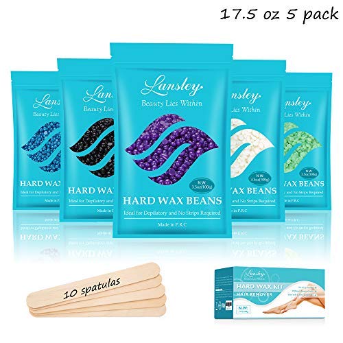 Product Cover Hard Wax Beans Lansley Hair Removal At Home Waxing for Women Men Sensitive Skin Full Body Face Eyebrow Leg with 5 Scent 3.5oz/bag Wax Beans 10 Wax Applicator Spatulas