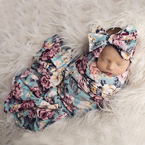 Product Cover Newborn Receiving Blanket Headband Set Floral Printed Baby Swaddle Blanket Soft Sleeping Wrap Blankets 0-3M (2#)