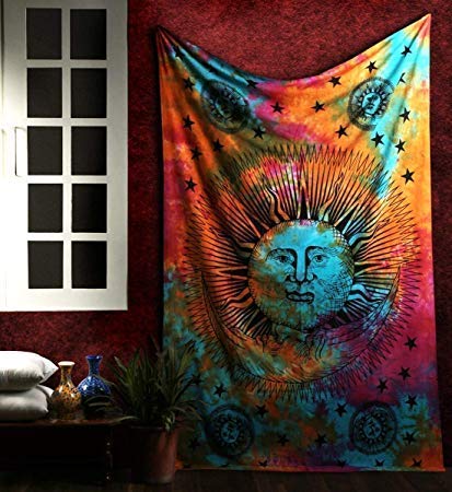 Product Cover Marubhumi Psychedelic Sun Moon Stars Tie Dye Mandala Tapestry Hippie Hippy Celestial Wall Hanging Indian Trippy Bohemian Tapestries
