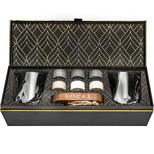 Product Cover Whiskey Chilling Stones Gift Set - 6 Handcrafted Premium Granite Round Sipping Rocks - 2 Crystal Superior Glasses - Hardwood Presentation & Storage Tray - Elegant Gold Foil Gift Box by R.O.C.K.S.