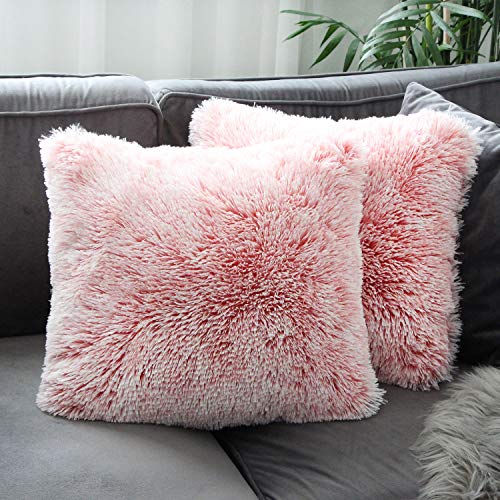 Product Cover Uhomy Home Decorative Luxury Series Super Soft Style Faux Fur Throw Pillow Case Cushion Cover for Sofa/Bed Pink Ombre 18x18 Inch 45x45 cm Set of 2