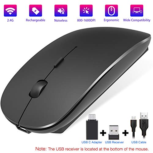 Product Cover OKIMO Rechargeable Wireless Mouse, 2.4Ghz Silent Computer Office Portable Slim Optical Mouse with USB Receiver Type-C, 3-Level Adjustable DPI for Laptop, Computer, MacBook, Notebook, PC (Black)