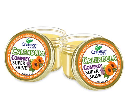 Product Cover Calendula Comfrey Super Salve 8OZ- (2-4 oz Jars), by Creation Farm Balm Soothes Baby Bottoms, Eczema, Hand Cream for Dry Cracked skin, Tattoos and Beards Grown and Made in USA from Real Herbs