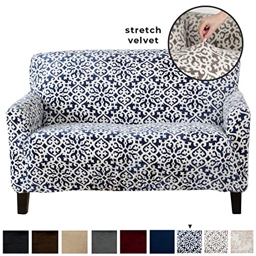 Product Cover Great Bay Home Velvet Plush Stretch Loveseat Slipcover. Velvet Loveseat Furniture Protector, Soft Anti-Slip, High Stretch (Loveseat- 2 Seater, Dark Denim Blue - Snowflake)