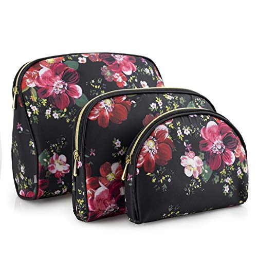 Product Cover Once Upon A Rose 3 Pc Cosmetic Bag Set, Purse Size Makeup Bag for Women, Toiletry Travel Bag, Makeup Organizer, Cosmetic Bag for Girls Zippered Pouch Set, Large, Medium, Small (Black & Floral)