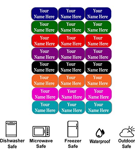 Product Cover 24 Large Personalized Waterproof Name Labels. Press and Stick Multi use Custom Name Labels. Customized 2 Lines of Text and Color. ID Identification Name Stickers with Permanent Self Adhesive.