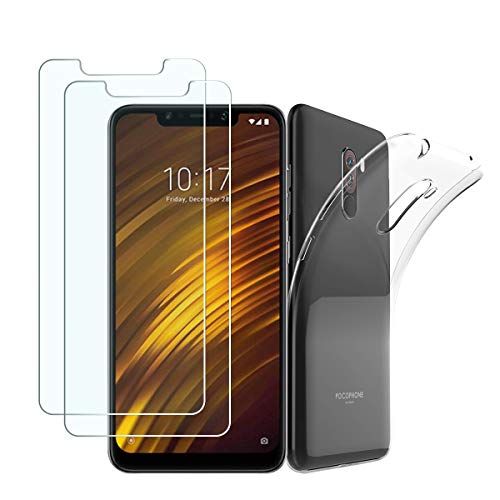 Product Cover [3 in 1] PULEN Screen Protector for Xiaomi Poco F1 2018,HD Clear Anti-Fingerprints Anti-Scratch 9H Tempered Glass(2 Packs) with TPU Case Cover [Ultra Clear] [Shock-Absorption] for Xiaomi Pocophone F1