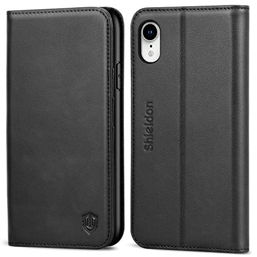 Product Cover SHIELDON iPhone XR Case, Genuine Leather Flip iPhone XR Wallet Case with RFID Blocking Credit Card Holder Magnetic Closure Kickstand Compatible with iPhone XR (6.1 Inch 2018) - Black