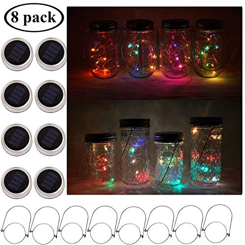 Product Cover Cynzia Solar Mason Jar Lid Lights, 8 Pack 10 LED Twinkle Waterproof Fairy Star Firefly String Lamps with 8 Hangers (Jar Not Included), for Lantern Table Garden Wedding Party Decor (5 Colors)