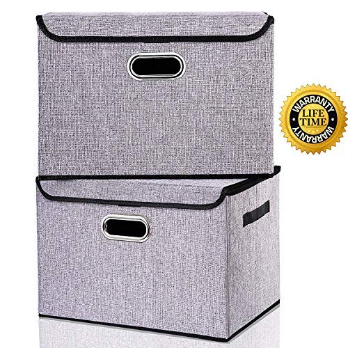Product Cover Seckon Collapsible Storage Box Container Bins with Lids Covers[2Pack] Large Odorless Linen Fabric Storage Organizers Cube with Metal Handles for Office, Bedroom, Closet, Toys