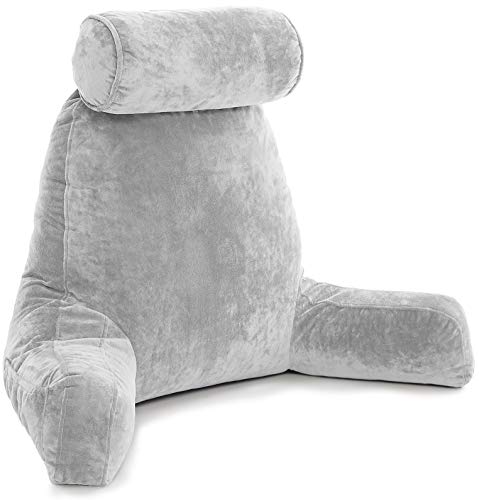 Product Cover Husband Pillow - Light Grey, Big Backrest Reading Bed Rest Pillow with Arms, Plush Memory Foam Fill, Remove Neck Roll Off Bungee, Change Covers, Zipper On Shell of Bed Chair for Adjustable Loft