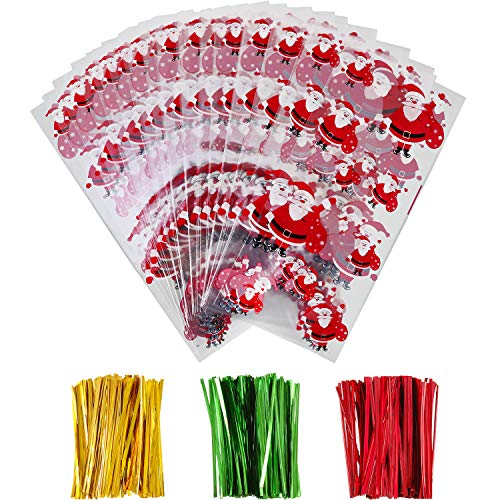Product Cover Boao 100 Pieces Christmas Cellophane Bags Santa Claus Treat Bags Christmas Clear Goodies Bags with 150 Pieces Twist Ties for Christmas Party Supplies