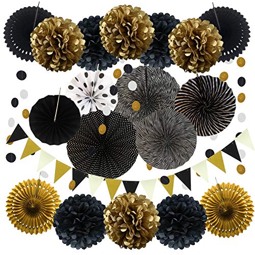 Product Cover ZERODECO Party Decoration, 21 Pcs Black and Gold Hanging Paper Fans, Pom Poms Flowers, Garlands String Polka Dot and Triangle Bunting Flags for Birthday Parties Wedding Décor, Table & Wall Decorations
