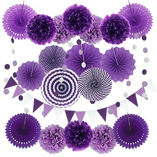 Product Cover ZERODECO Party Decoration, 21 Pcs Purple and Lavender Hanging Paper Fans, Pom Poms Flowers, Garlands String Polka Dot and Triangle Bunting Flags for Birthday Parties, Bridal Showers, Baby Showers, Wedding, Mermaid Party