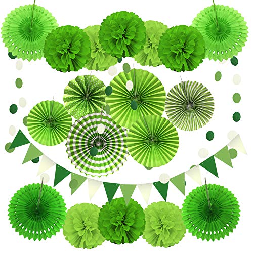 Product Cover ZERODECO Party Decoration, 21 Pcs Green Hanging Paper Fans, Pom Poms Flowers, Garlands String Polka Dot and Triangle Bunting Flags for Golf Party Dinosaur Birthday Parties Arbor Day