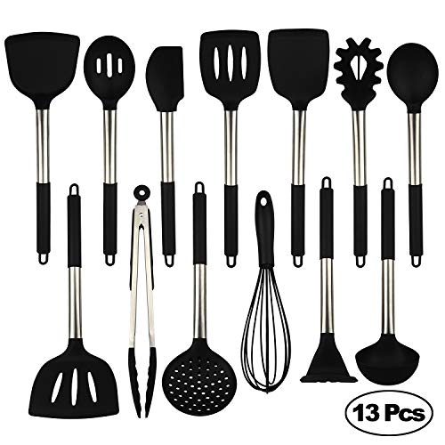 Product Cover Silicone Cooking Utensils Set, Heat Resistant and Non Stick Kitchen Utensil Set with Stainless Steel Handle (Black)