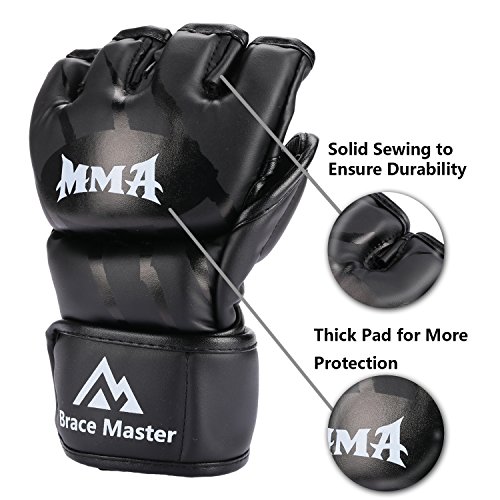 Product Cover Brace Master MMA Gloves UFC Gloves Boxing Training Gloves Men Women Leather More Padding Fingerless Punching Bag Gloves The Kickboxing, Sparring, Muay Thai Heavy Bag, (Black Large)