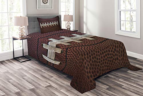 Product Cover Lunarable Sports Bedspread, American Football Leather Laces Fun Traditional Sport Close up Photo Print, Decorative Quilted 2 Piece Coverlet Set with Pillow Sham, Twin Size, Brown Beige