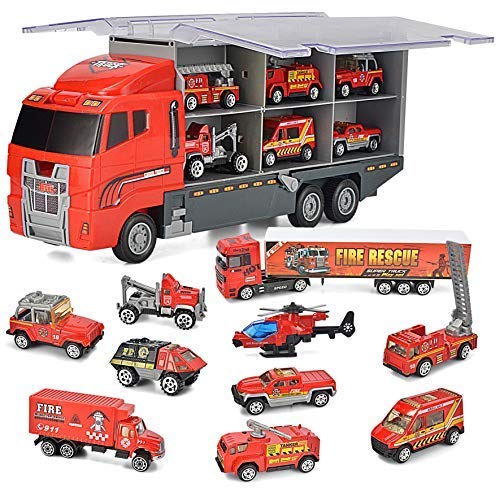 Product Cover joyin 10 in 1 die-cast fire Engine Vehicle Mini Rescue Emergency fire Truck Toy Set in Carrier Truck
