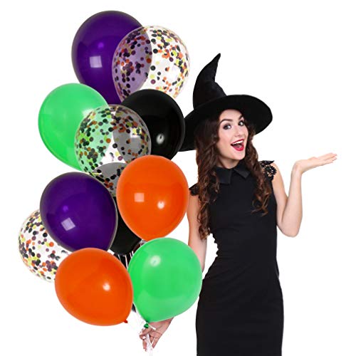 Product Cover Monster Halloween Party Decorations 42 Pack Orange Green Purple and Black Balloons Purple Green Orange and Black Confetti Balloons