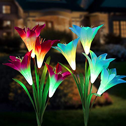 Product Cover Tvird Outdoor Solar Garden Stake Lights,Solar Garden Lily Lights,2 Sets Solar Flowers with 8 Flowers,Multi-Colors Changing LED Decorative Lights Suit for Garden,Patio, Backyard(Purple and Blue)