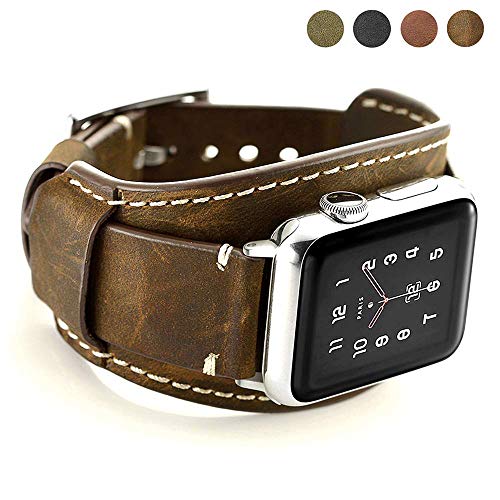 Product Cover Coobes Compatible with Apple Watch Band 44mm 42mm Men Women Genuine Leather Compatible iWatch Bracelet Wristband Strap Compatible Apple Watch Series 5/4/3/2/1 (Crazy Horse Cuff Coffe, 44/42 mm)