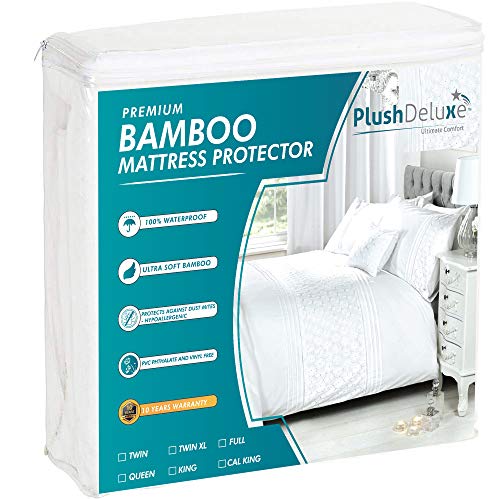 Product Cover PlushDeluxe Premium Bamboo Mattress Protector - Waterproof, Hypoallergenic & Ultra Soft Breathable Bed Mattress Cover for Maximum Comfort & Protection - PVC, Phthalate & Vinyl-Free (Queen Size)