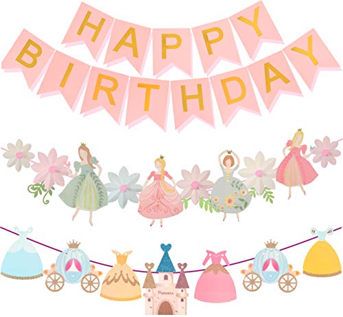 Product Cover Princess Birthday Decoration | Princess Birthday Banner | Pink Happy Birthday Banner | Pink and Gold Birthday Party Decorations | Princess & Flower shape birthday party banner | Princess Home & Cab s