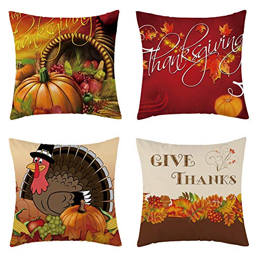 Product Cover WFLOSUNVE Set of 4 Thanksgiving Turkey Fall Throw Pillow Cover, Soft Flannel Autumn Pumpkin Decorative Pillow Case Cushion Cover for Couch and Sofa 18x18 Inch