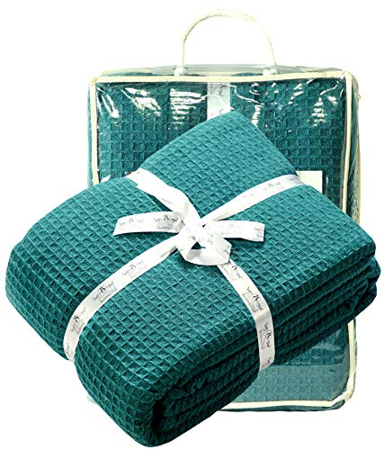 Product Cover 100%Soft Premium Cotton Thermal Blanket in Waffle weave 102x90 King Teal Color,All Season Blanket,Breathable Cotton Thermal Blanket,Light Thermal Blanket,Perfect for Layering Any Bed-Provides Comfort