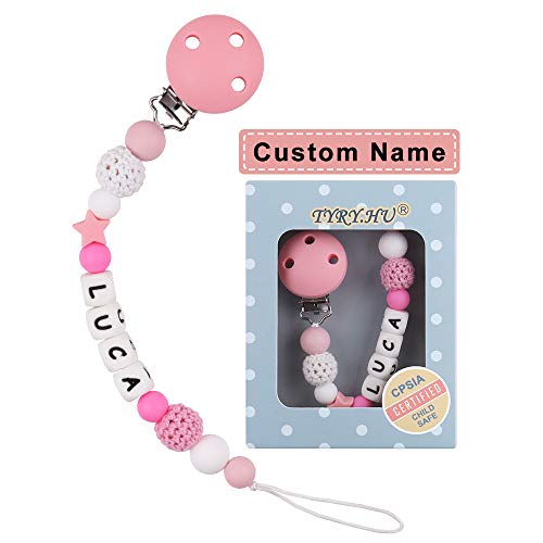 Product Cover Personalized Pacifier Clips, TYRY.HU BPA Free Silicone Teething Beads Binky Teether Holder for Baby Girl Name Shower Gift(Pink)
