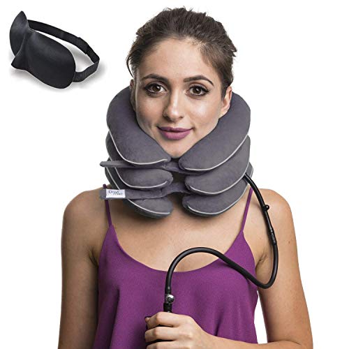 Product Cover Cervical Neck Traction Device ✮ Inflatable Collar Brace ✮ Adjustable Neck Stretcher Support ✮ Ideal for Spine Alignment & Chronic Neck Pain Relief + Eye Mask (Gray 2)