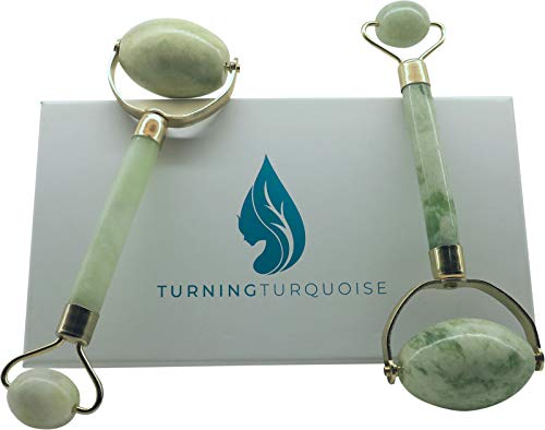 Product Cover Large Jade Roller by Turning Turquoise - Y-shaped Natural Stone - Great for Daily Use on Face and Body- Organic Tool Aids in Anti-aging By De-puffing Under Eyes and Reducing Wrinkles by Firming Skin