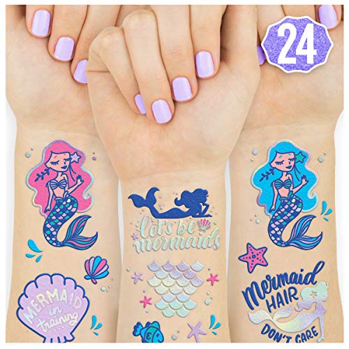 Product Cover xo, Fetti Mermaid Party Supplies Temporary Tattoos for Kids - 24 Glitter Styles | Mermaid Birthday Party Favors, Mermaid Tail Decorations + Halloween Costume