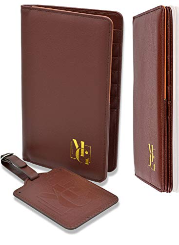 Product Cover Passport Holder for Men - and Women - Passport Wallet RFID Blocking and Luggage Tag Set for Travel - Elegant Gift Box - Modern Brown
